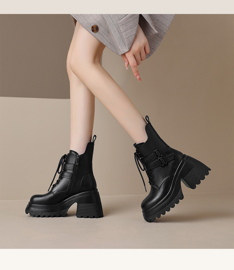 Boot nữ gót dày 10cm cổ thấp da bò thật, đế cao su chống trượt, khóa kéo bên — Lớp lót đơn màu be, Lớp lót đơn màu đen, Lớp lót nhung đen, Lớp lót nhung màu be