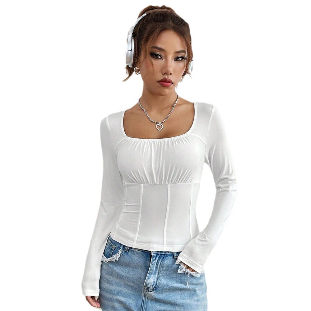 Slim Fit Long Sleeve T Shirt Square Neck Solid Color Casual Style Spring Summer Collection Wholesale Available