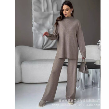 Russian Cross-Border European and American Style Pure Color Knitted Suit Women's Slit Sweater Top + Casual Loose Wide-Leg Pants