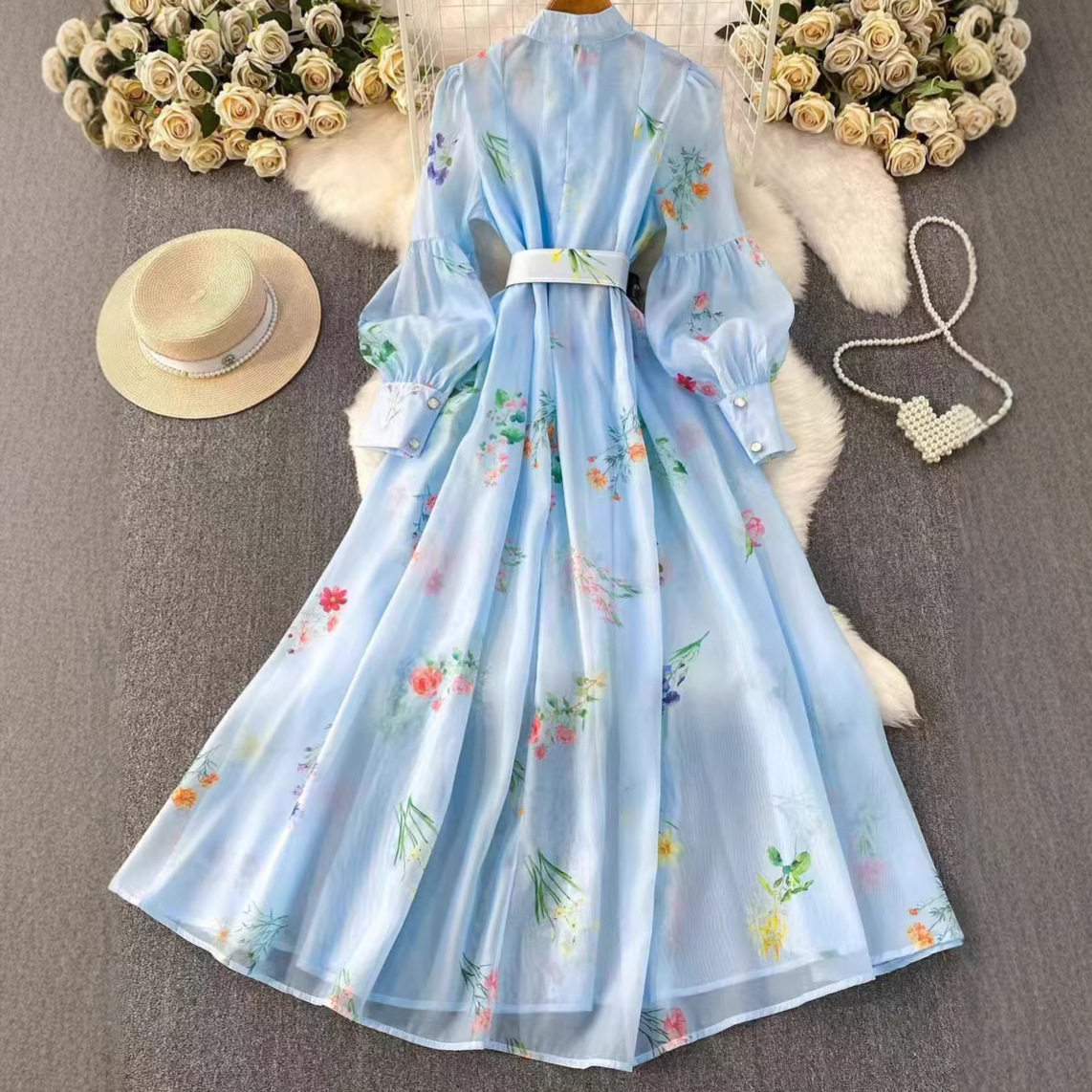 Chiffon Floral Dress Lightweight Sweet Lace Lantern Sleeves Waist Tie Flared Skirt Autumn Fashion Wholesale