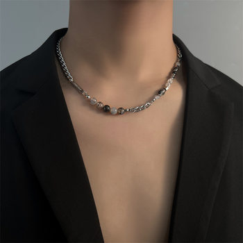 Natural stone black and white crystal stitching titanium steel necklace personality national fashion niche high sense men's fashion hip hop necklace accessories