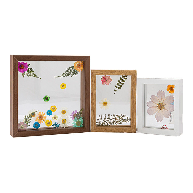 Double-Sided Photo Frame Transparent Glass Happy Word Clip Leaf Carving Ornaments Plant Specimen Embossed Frame Paper-Cut Picture Frame Table