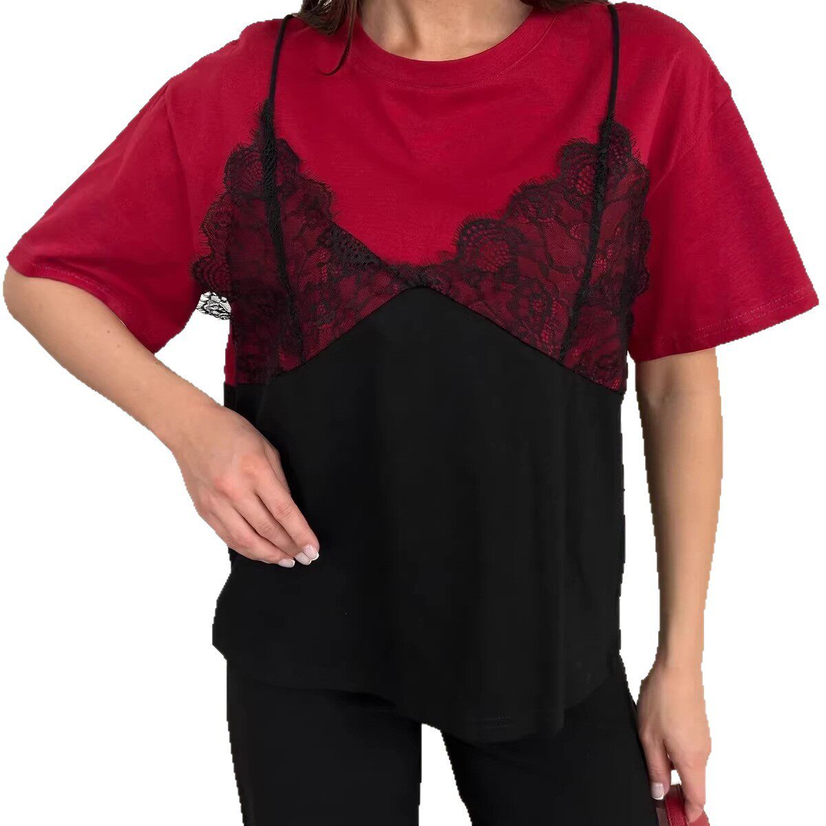 Lace Trimmed Loose Fit T Shirt Short Sleeve Round Neck Casual Style Perfect for Summer Wear Wholesale Available