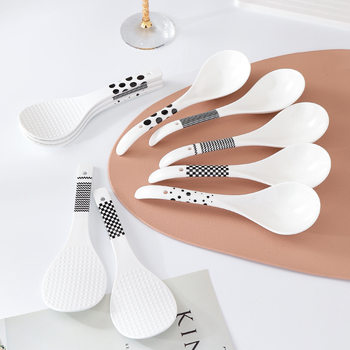Hepburn Style Ceramic Ladle Rice Spoon Simple Black and White Household Easy to Clean High Temperature Resistant Spoon