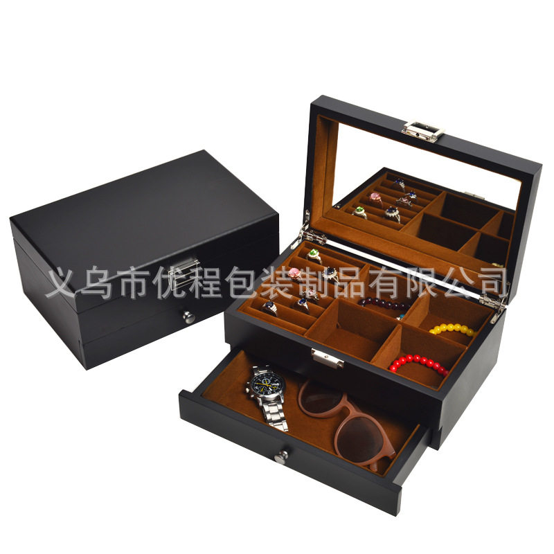 Spot New Double Layer Jewelry Box Black Matte Paint Watch Box with Mirror Jewelry Storage Box Jewelry Box