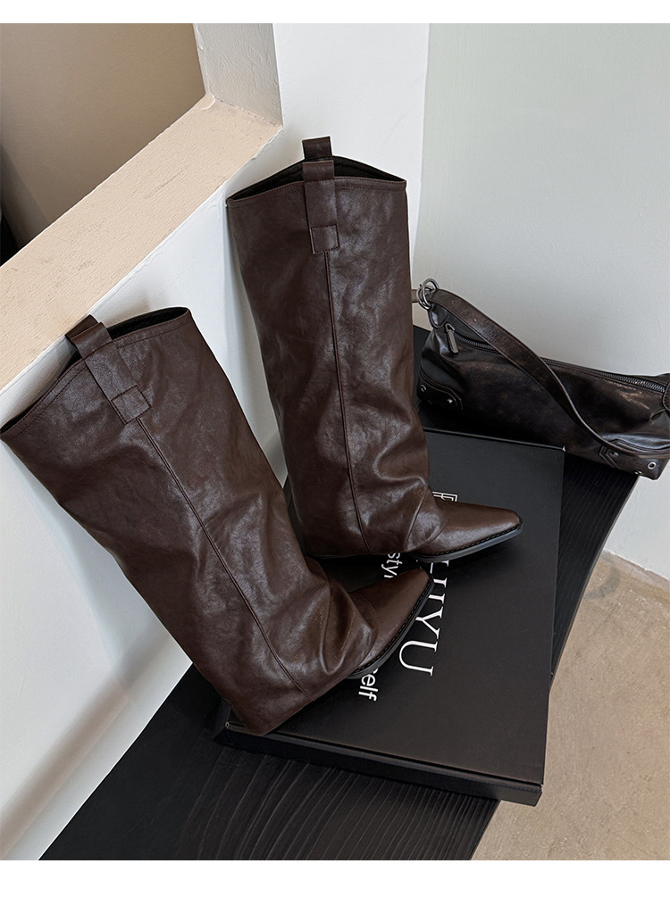 Boot nữ cổ cao gót thô mũi nhọn phối khóa kéo da bò — Lót nhung đen, Lót nhung màu nâu, màu đen, Màu nâu