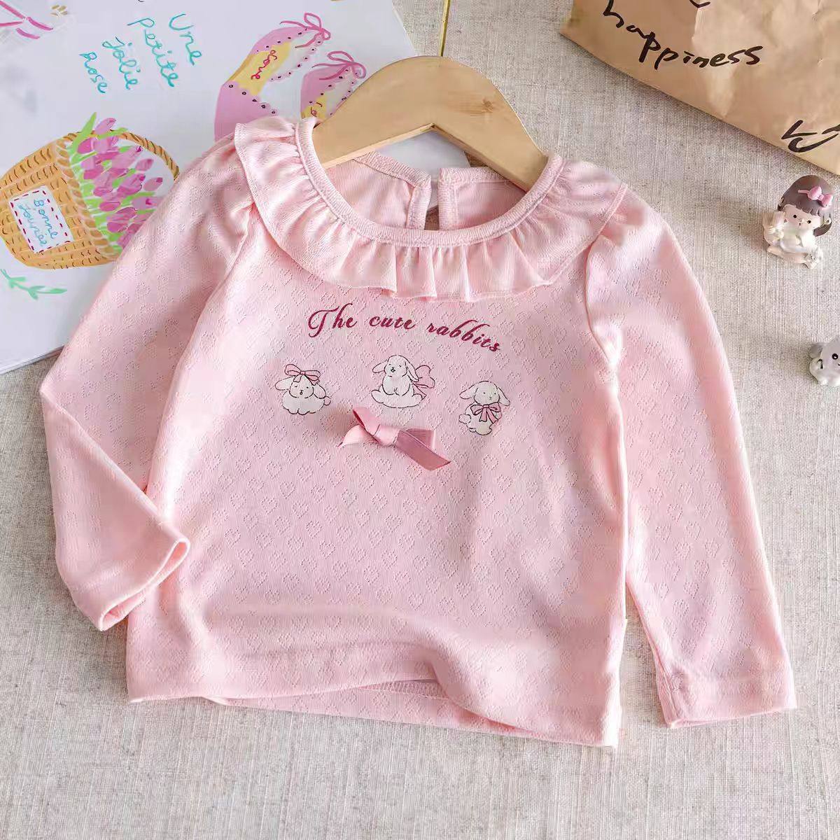 Girls' New Spring & Autumn Lightweight Top, Baby Cute Lace Mesh Bow Long-Sleeve Stylish Autumn Outfit