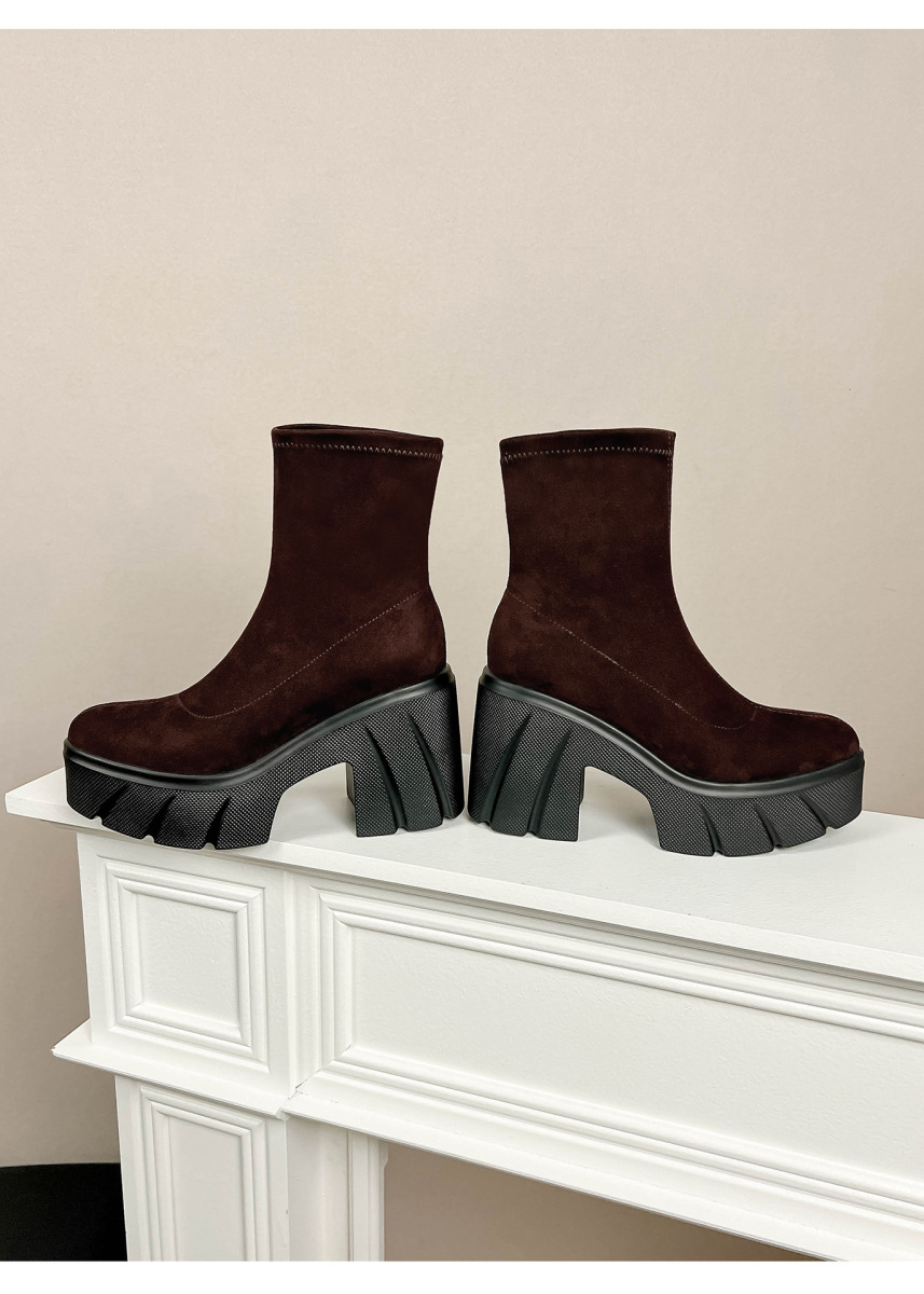 Boot nữ cổ thấp gót thô đế dày tăng chiều cao, chất liệu nhung mềm — Lớp lót đơn màu đen, Lớp lót đơn màu nâu, Lót nhung đen, Lót nhung màu nâu