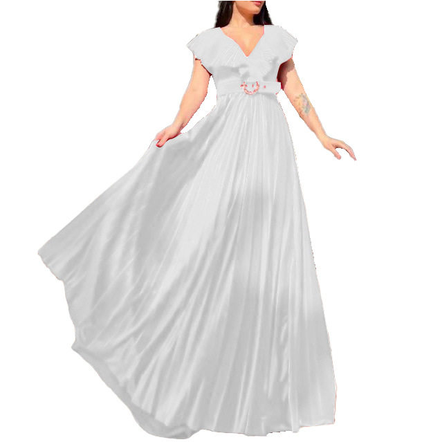 Plus Size Womens V Neck Solid Color Ruffled Hem Long Dress Elegant Pleated Design Perfect for Formal Occasions