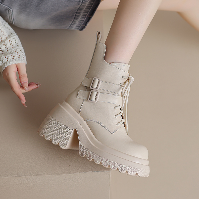 Boot nữ gót dày 10cm cổ thấp da bò thật, đế cao su chống trượt, khóa kéo bên — Lớp lót đơn màu be, Lớp lót đơn màu đen, Lớp lót nhung đen, Lớp lót nhung màu be