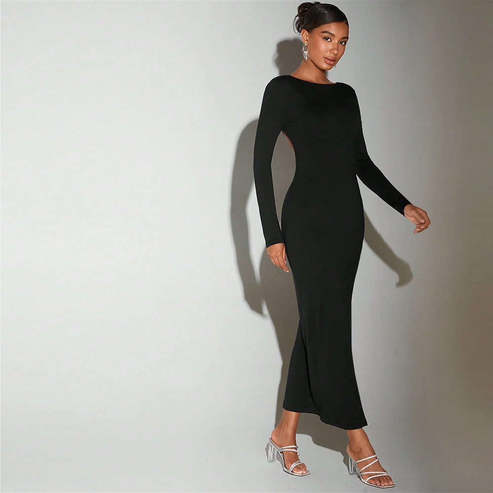 Elegant Midi Dress Sexy Backless Design Round Neck Long Sleeve Autumn Winter Fashion Wholesale Available