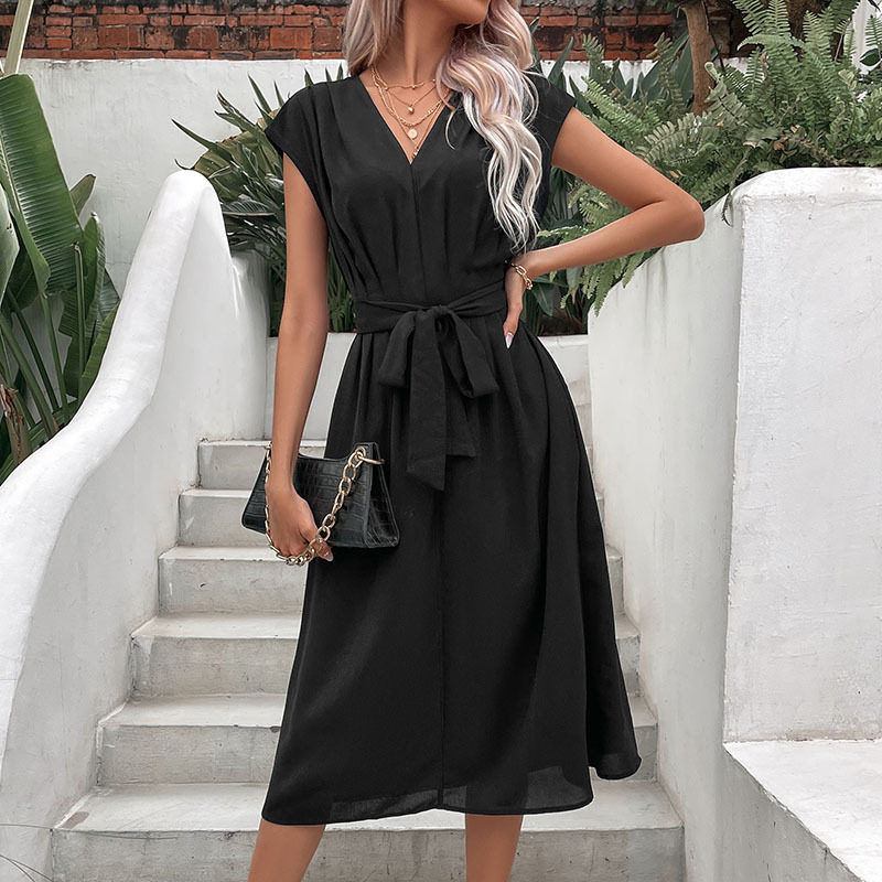 Elegant Black V Neck Dress Minimalist Style Versatile Fit Summer Fashion Wholesale Available