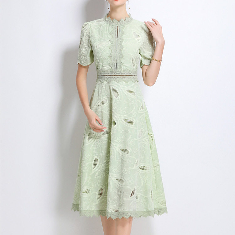 Elegant Short Sleeve Lace Dress for Women French Style Hollow Out Waist Defined High End Fashion Perfect for Formal