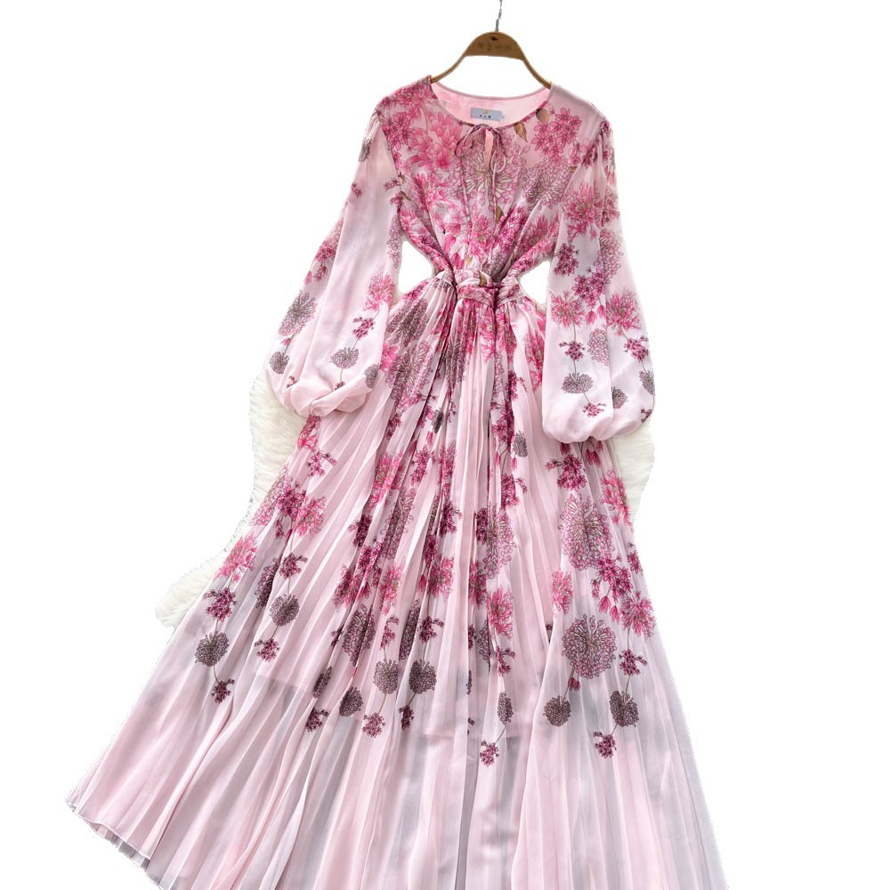 Elegant French Style Womens Dress High End Design Waist Defining Round Neck Lantern Sleeves Floral Print Perfect