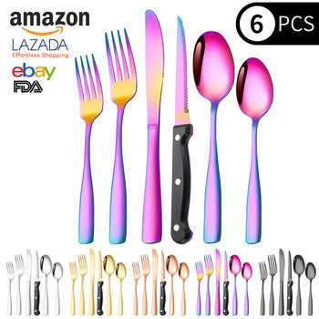 Cross-border Stainless Steel Square Handle Knife and Fork Tableware Set Creative Steak Knife and Fork Square Handle 6-piece Set Western Tableware Knife, Fork and Spoon