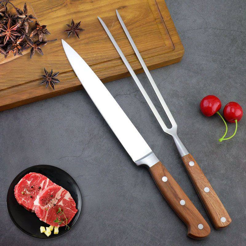 Rosewood Handle Stainless Steel Barbecue Knife and Fork 2-Piece Set Outdoor Steak Grilled Sheep Set Tool