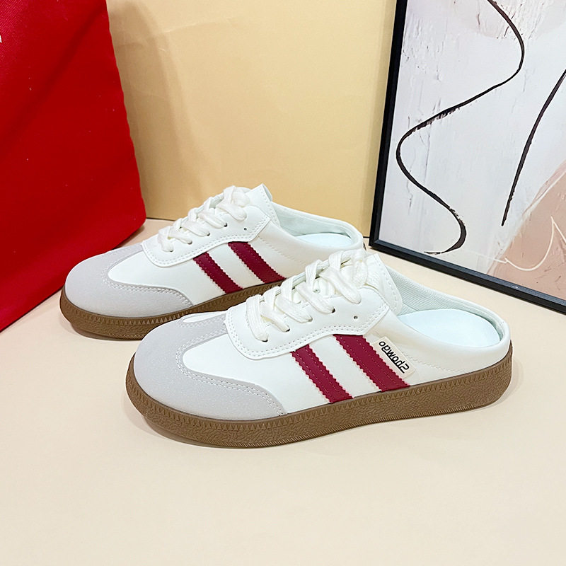 Baotou Half Slippers for Women 2023 Summer New Korean Style Color-Blocked Flat-Heeled Lazy Shoes Casual Slip-On Moral Training Flats for Women