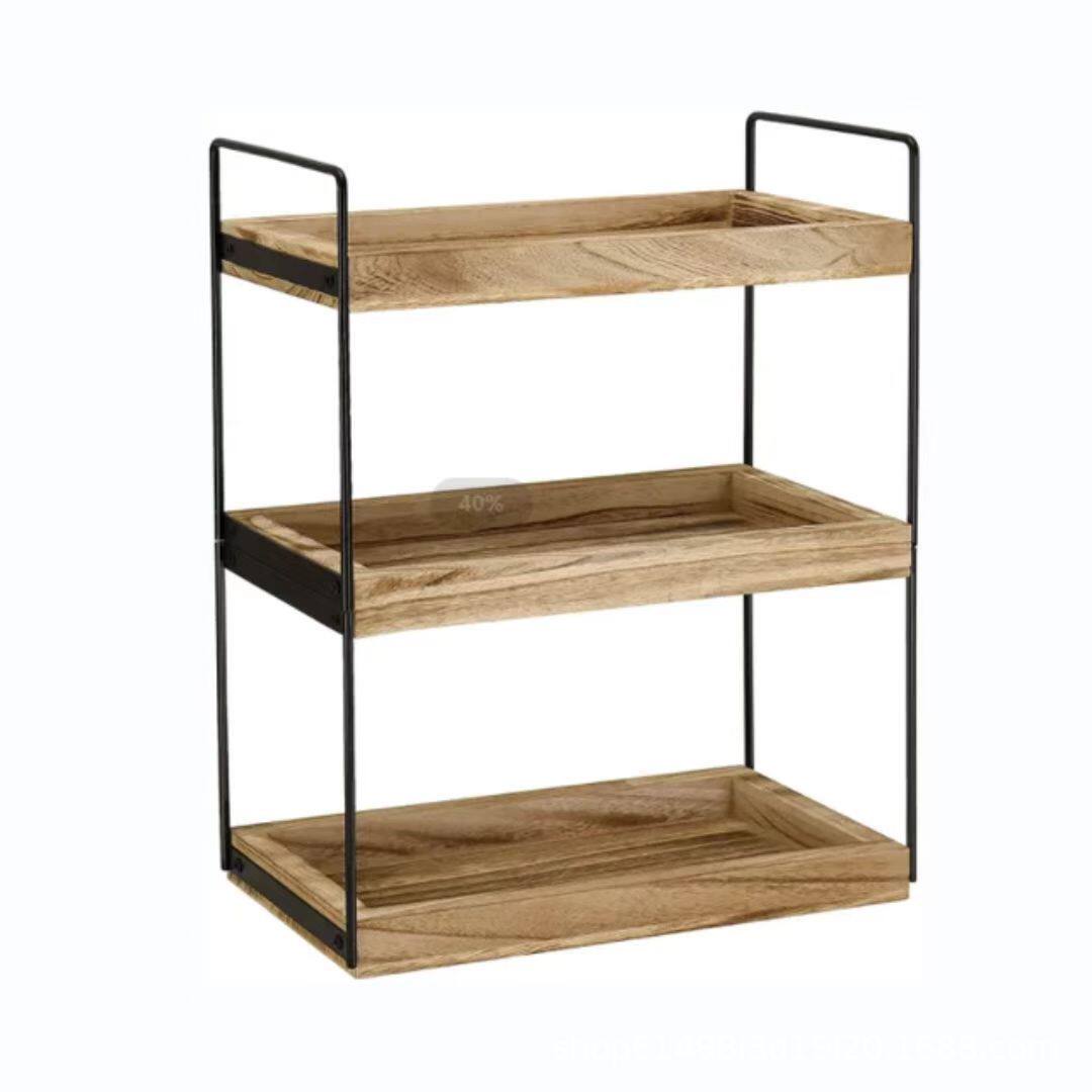 Wooden Desktop Three-Layer Storage Rack Iron Bathroom Household Multi-Purpose Kitchen Storage Rack Desktop Storage Storage Rack