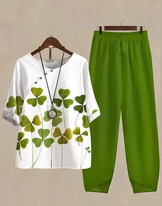 Summer Casual Set for Women Printed Round Neck T Shirt and Loose Long Pants Comfortable and Stylish for Everyday Wear