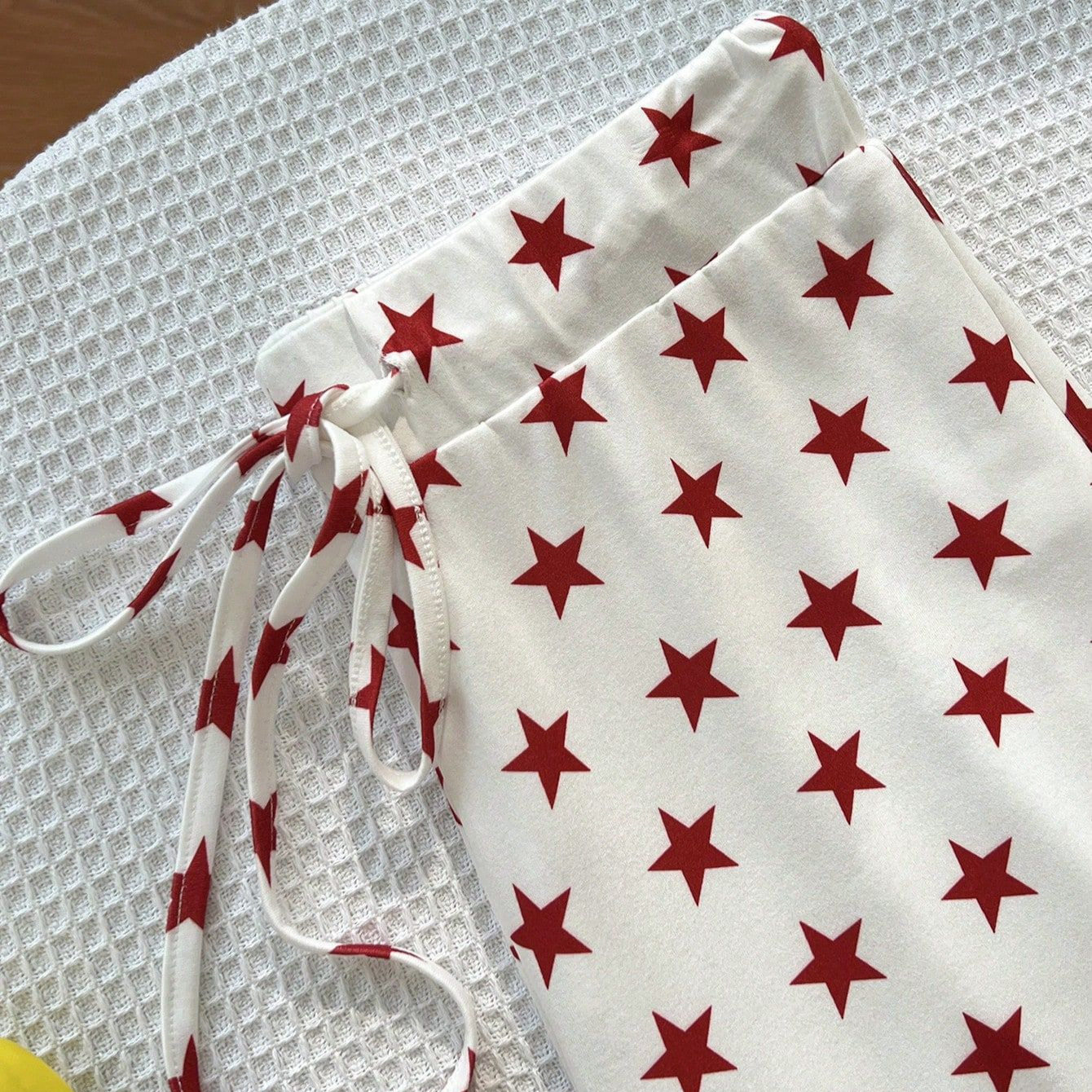 Casual Wide Leg Pants Drawstring Elastic Waist Star Print Versatile Womens Fashion Ready to Ship