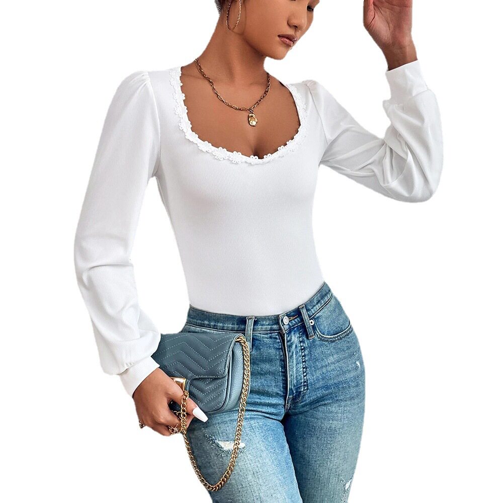 Womens V Neck Puff Sleeve T Shirt Slim Fit Lace Trim Fashionable Versatile Spring Summer Style Wholesale