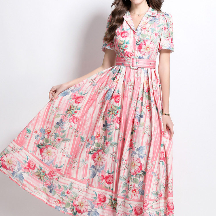 Elegant Womens Vintage Floral Maxi Dress Short Sleeve Waist Defined Retro Collar Spring Collection Wholesale