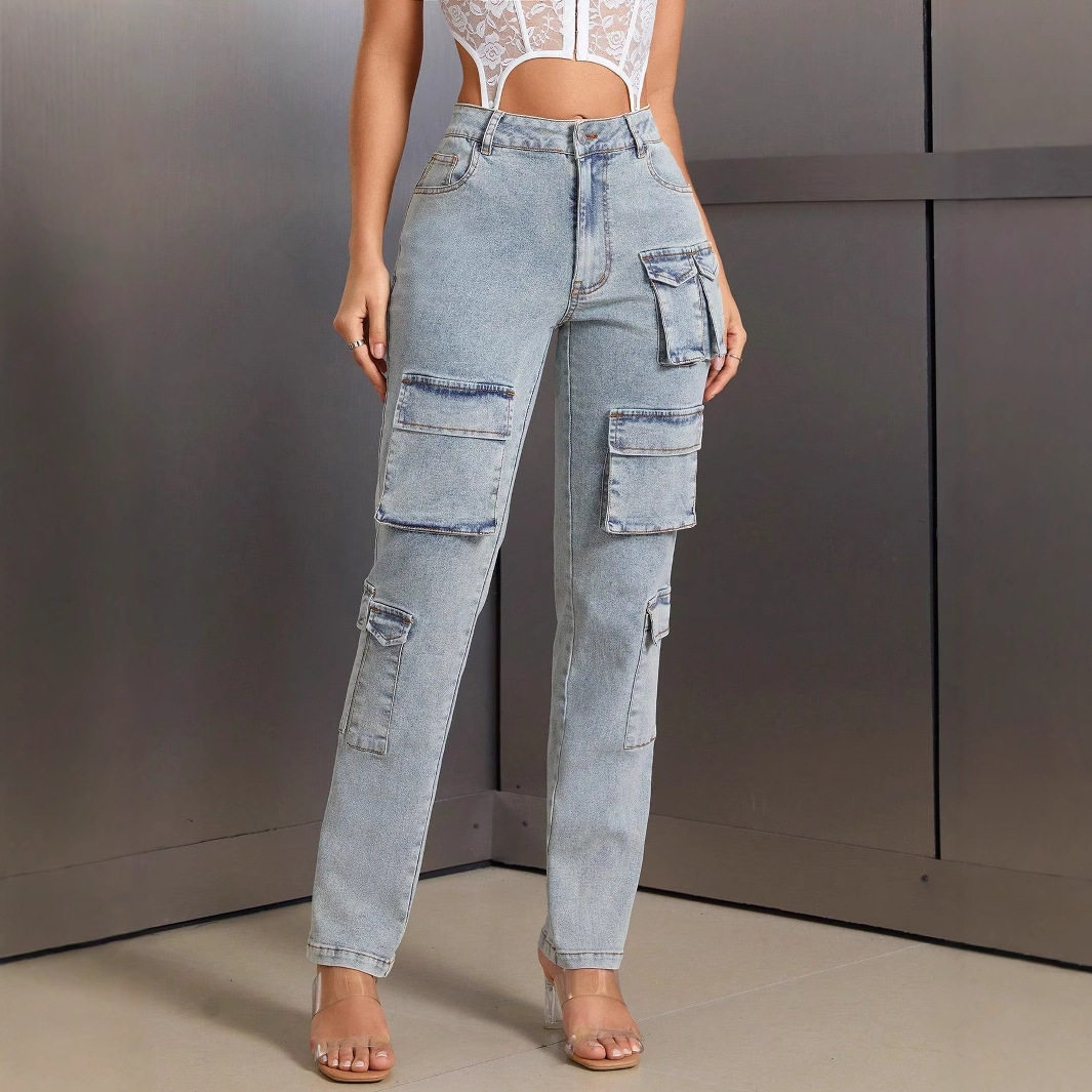 Womens Cargo Denim Trousers Multi Pocket Design Casual Style Comfortable Fit Perfect for Everyday Wear Wholesale