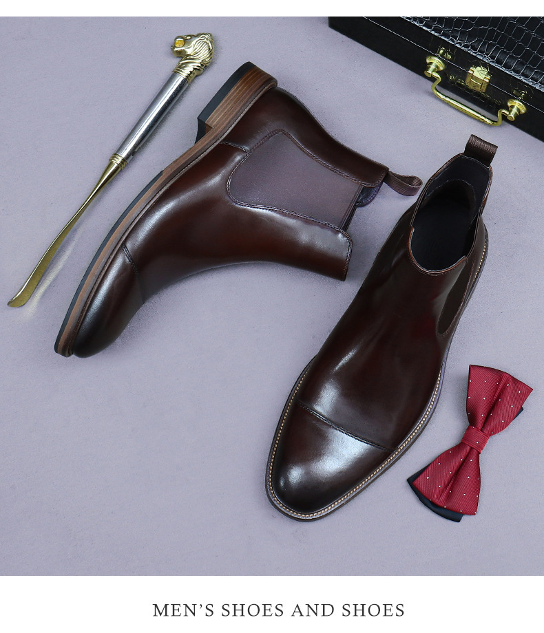 Boot Chelsea nam da bò cao cấp cổ thấp phong cách công sở — Màu nâu cộng với nhung, Màu đen, Lông cừu đen, Màu cà phê