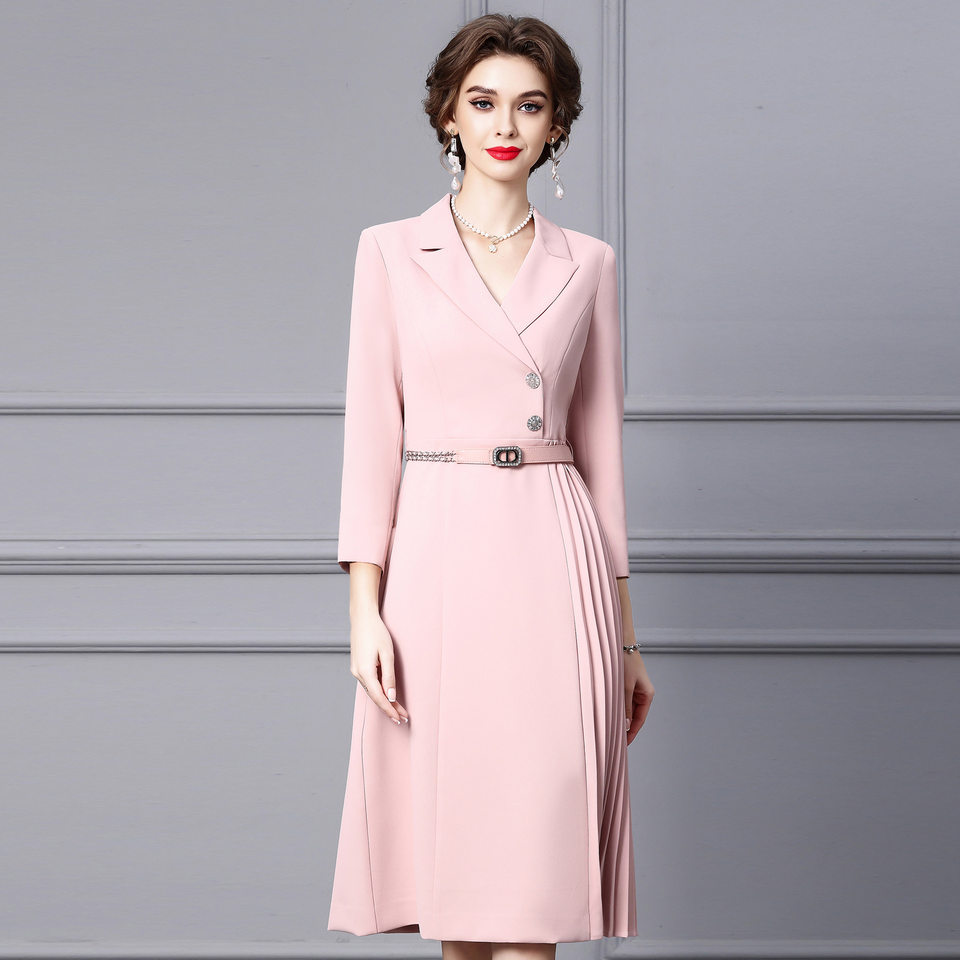 Váy Liền Thân Cổ chữ Vest Thiết Kế Xếp Ly Màu Hồng
