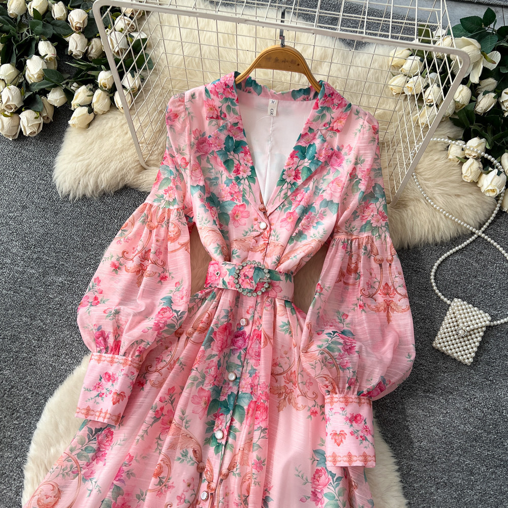 Floral Print Bell Sleeve Dress Long Sleeve Waist Tie A Line Silhouette Elegant Vacation Style Wholesale Available