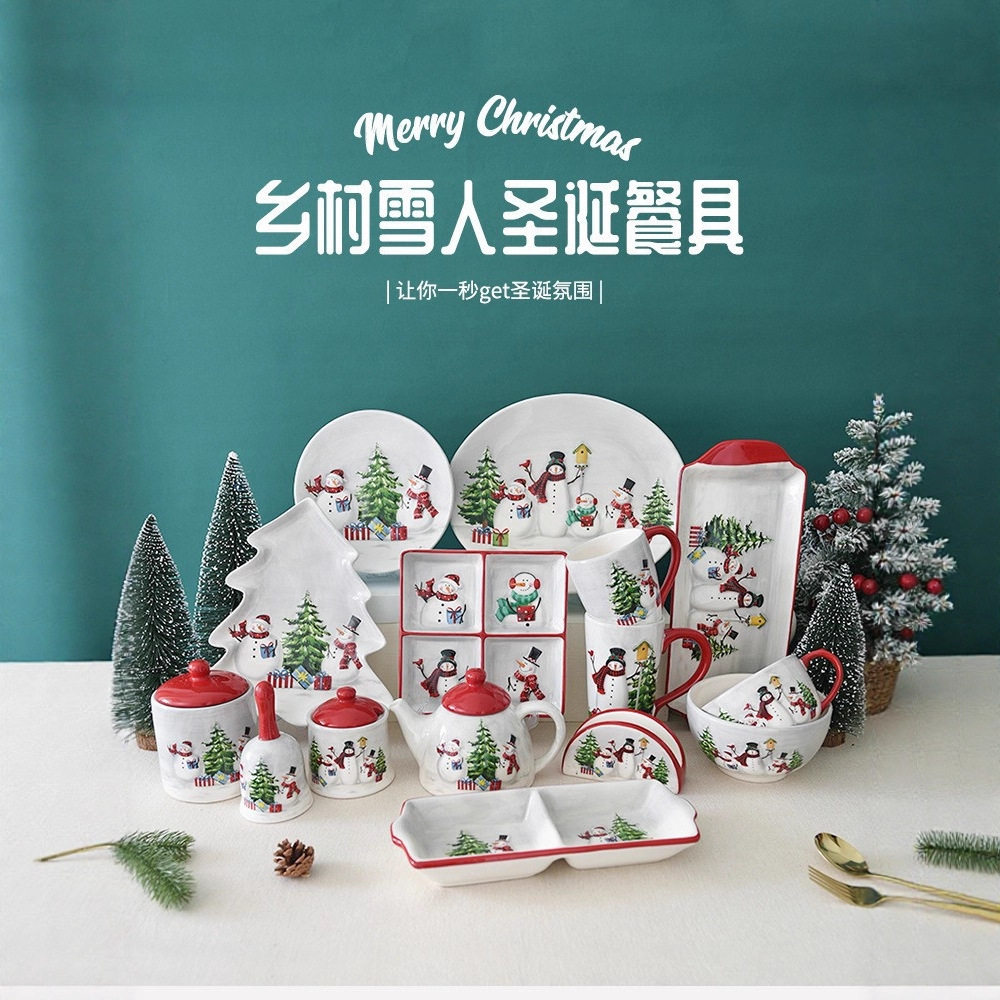 Christmas Tableware Set Snowman High-Value Ceramic Mug Dinner Plate Teapot Gift Wholesale Ceramic Christmas