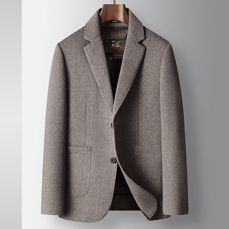 Áo Blazer Nam Hai Mặt Lót Lông Vũ Ấm Áp Chất Liệu Len Lông Cừu Màu Xám, Đen