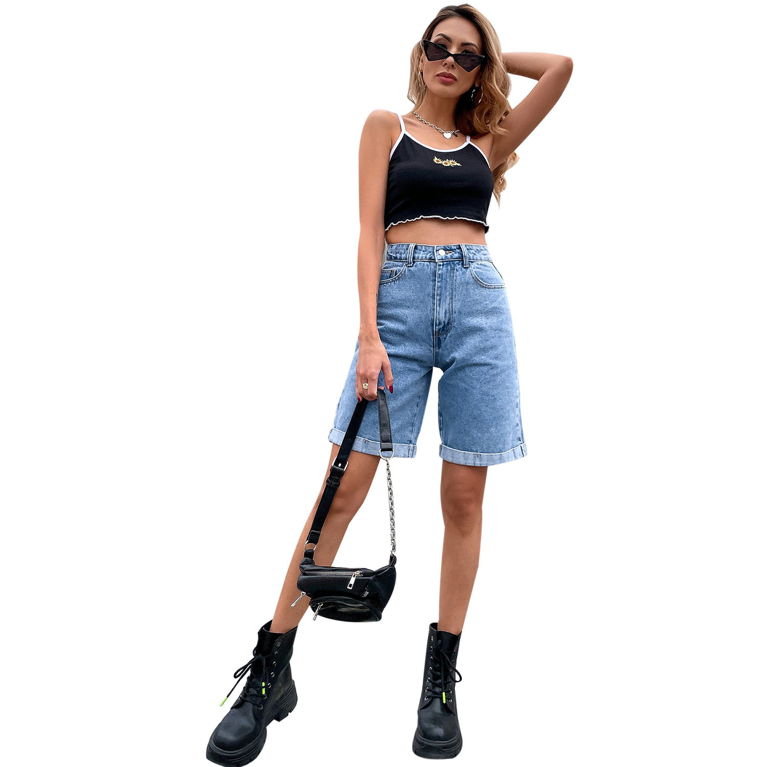 High Waisted Loose A Line Denim Shorts Slimming Fit Casual Style Perfect for Summer Wholesale Available