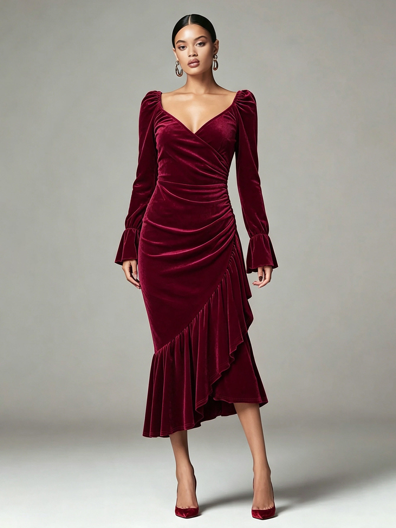 Velvet V Neck Dress Slimming Fit Irregular Hem Midi Length Autumn Winter Fashion Wholesale Available