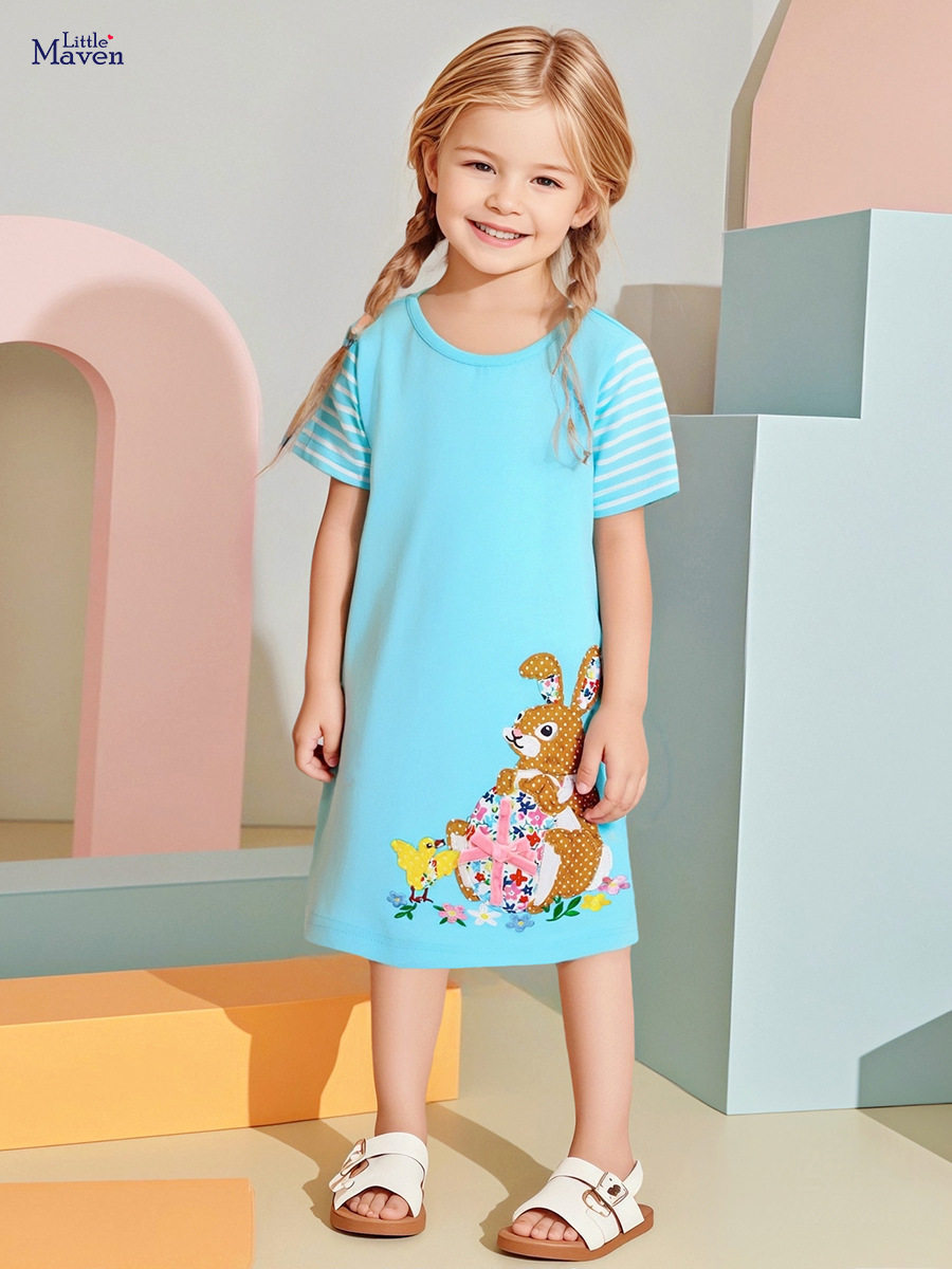 New Girls' Dress, Summer Short-sleeve Kids' Skirt, Applique Cartoon Kids' Dress