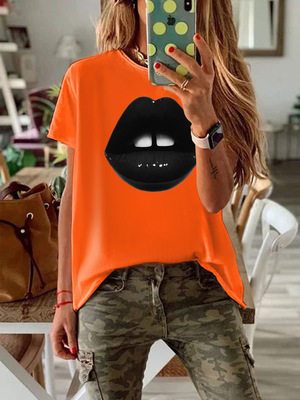Plus Size Womens Black Short Sleeve T Shirt Lips Print Round Neck Fitted Style Casual Wear Wholesale Available