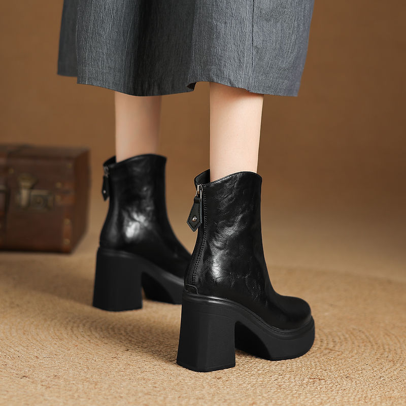 Boot nữ da bò gót thô 9,5cm cổ ngắn khóa kéo sau — Lớp lót đơn màu đen, Lớp lót đơn màu nâu đậm, Lót nhung đen, Lót nhung màu nâu đậm