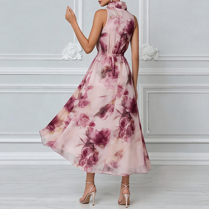 Rose Print Waist Tie Maxi Dress Casual Vacation Style Summer Collection for Women Wholesale Available