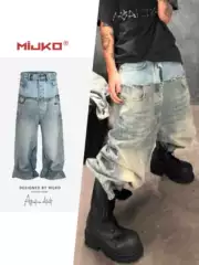 MIJKO Men's Women's Cat Must Destroy Pants Men's and Women's CUT-UP Double Waist Stitching Baggy Jeans