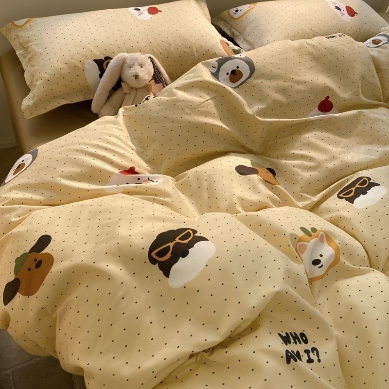 Ins Style Gray Plaid Bedding Four-Piece Set for Boys Stain-Resistant Quilt Cover Bed Sheetss Dormitory Three-Piece Set