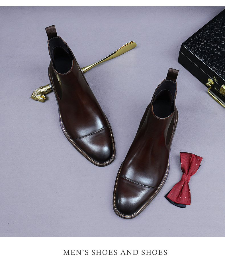 Boot Chelsea nam da bò cao cấp cổ thấp phong cách công sở — Màu nâu cộng với nhung, Màu đen, Lông cừu đen, Màu cà phê