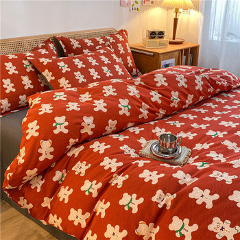 Autumn and winter thickened cotton sanding four-piece set student dormitory small fresh cotton bed hat three-piece set warm quilt cover
