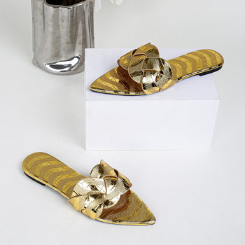 203-86 Cross-Border Popular Flats-Soled Pointed-Toe Slippers for Women Summer New Fashion Export Sandals Metal Embossed Fabric