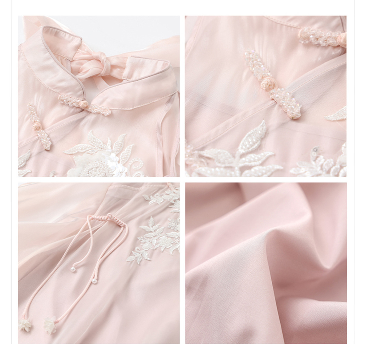 Đầm dài cổ đứng thêu hoa nhẹ nhàng thanh lịch M5114 — Bột tuyết Sakura (Giao hàng ngay hôm nay), Bột Yingxue (giao hàng 7 ngày)