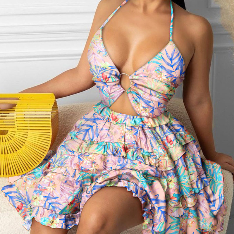Womens Floral Print Halter Neck Cake Dress Sexy Hollow Out Design Spring Summer Fashion