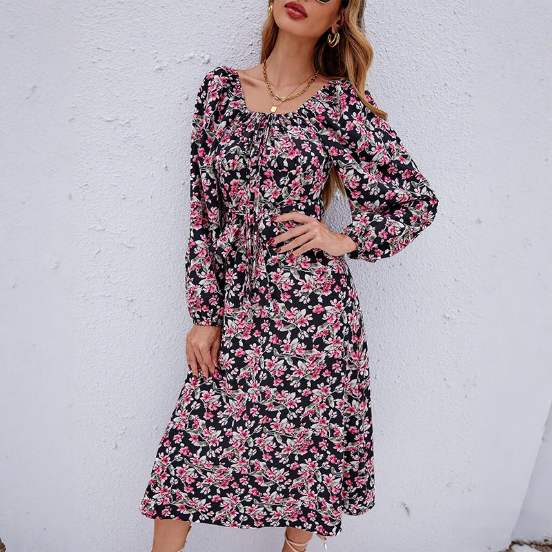 Vintage Floral Puff Sleeve Backless Dress Square Neck Autumn Collection Elegant Style Wholesale Available