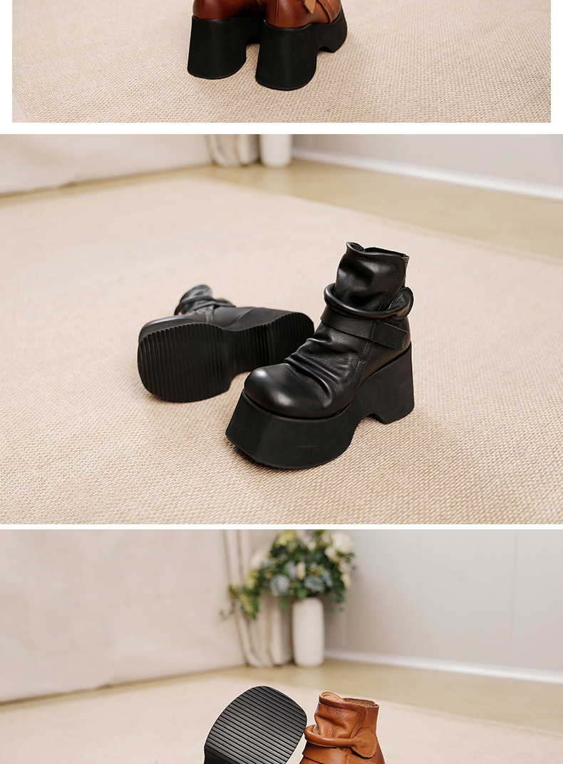 Boot nữ da thật đế dày 10cm gót xuôi mũi tròn dán quai — Màu đen, Màu đen lót nhung, Màu nâu, Màu nâu lót nhung