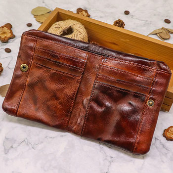 Handmade Color Distressed Pleated Vegetable Tanned Leather Wallet Men's Large Banknote Wallet Vintage Multi-Card Zipper Soft Wallet Wallet