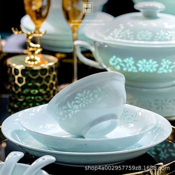 Jingdezhen High-Temperature White Porcelain Bowl and Dish Set with Underglaze Color, Easy to Clean, Non-Stick Oil, Freely Matchinged with Celadon Exquisite