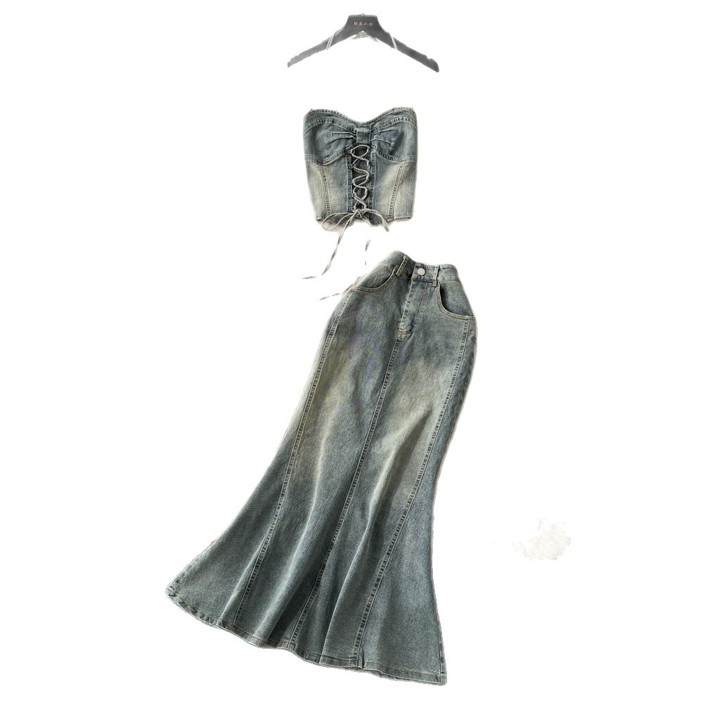 Vintage American Style Halter Crop Top and High Waisted Slimming Mermaid Skirt Set Denim Fabric Casual Summer Outfit